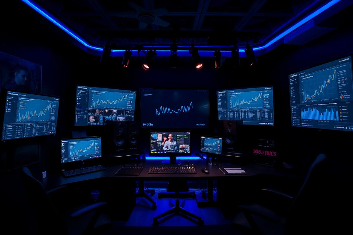 Analytics screens in a dark campaign room used for music promotion